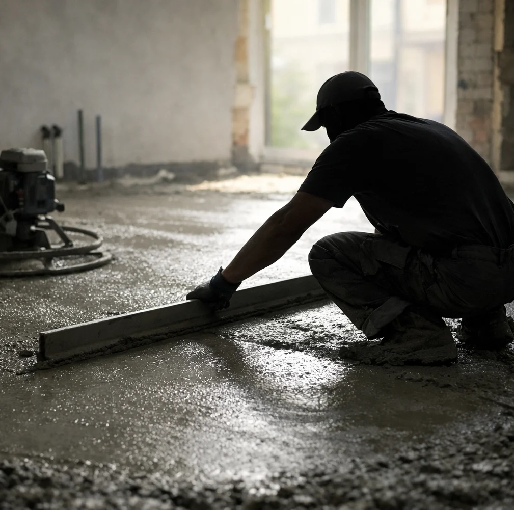 Bouwvakker egaliseert natte betonnen vloer in huis.